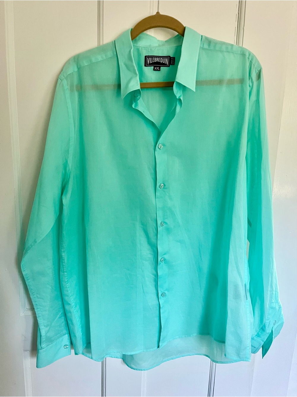 Vilebrequin Men’s Organic Cotton Voile Shirt XXL, Mint Green